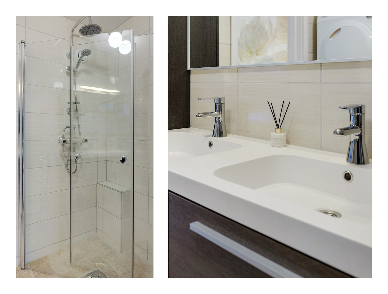 Baderommet er innredet med dobbelt servant med innredning, speil og dusjhjørne med svingbare glassdører Galleribilde