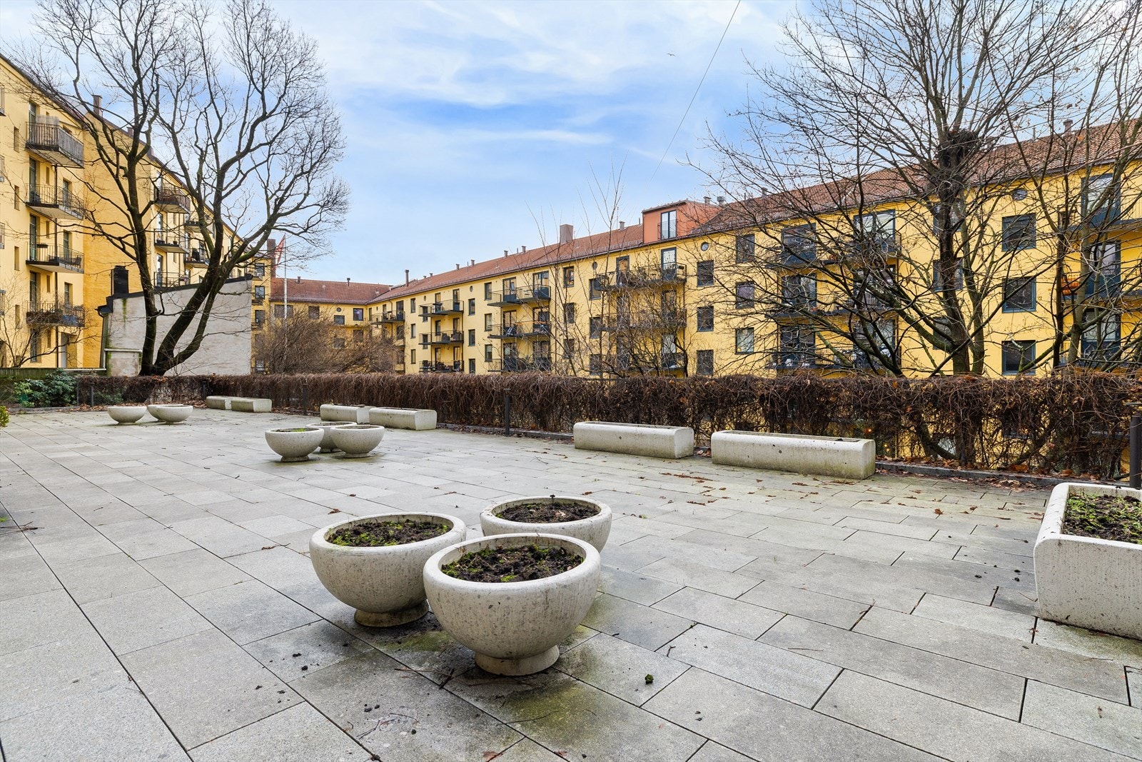 Stor, deilig, felles terrasse i gårdsrommet, som er beplantet med fargerike blomster om sommeren og omkranset av frodige trær og busker Galleribilde