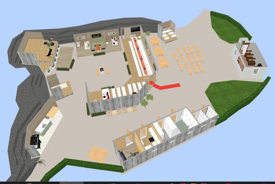 Skisse for området Gullhaug mellom scenen (bak til venstre) og kapellet (til høyre). Ikke ferdig utviklet, men det det gjenstår ikke mye. Galleribilde