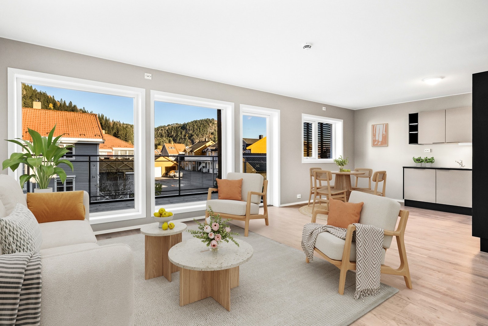 God komfort hele året med vannbåren gulvvarme i entré, gang, stue og kjøkken. (Digitalt innredet) Galleribilde