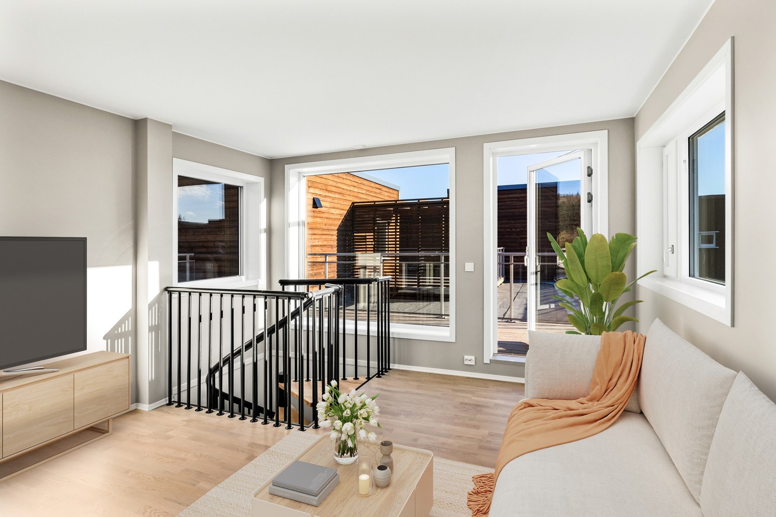 Loftstuen har egen takterrasse som utvider oppholdsrommet (Digitalt innredet) Galleribilde