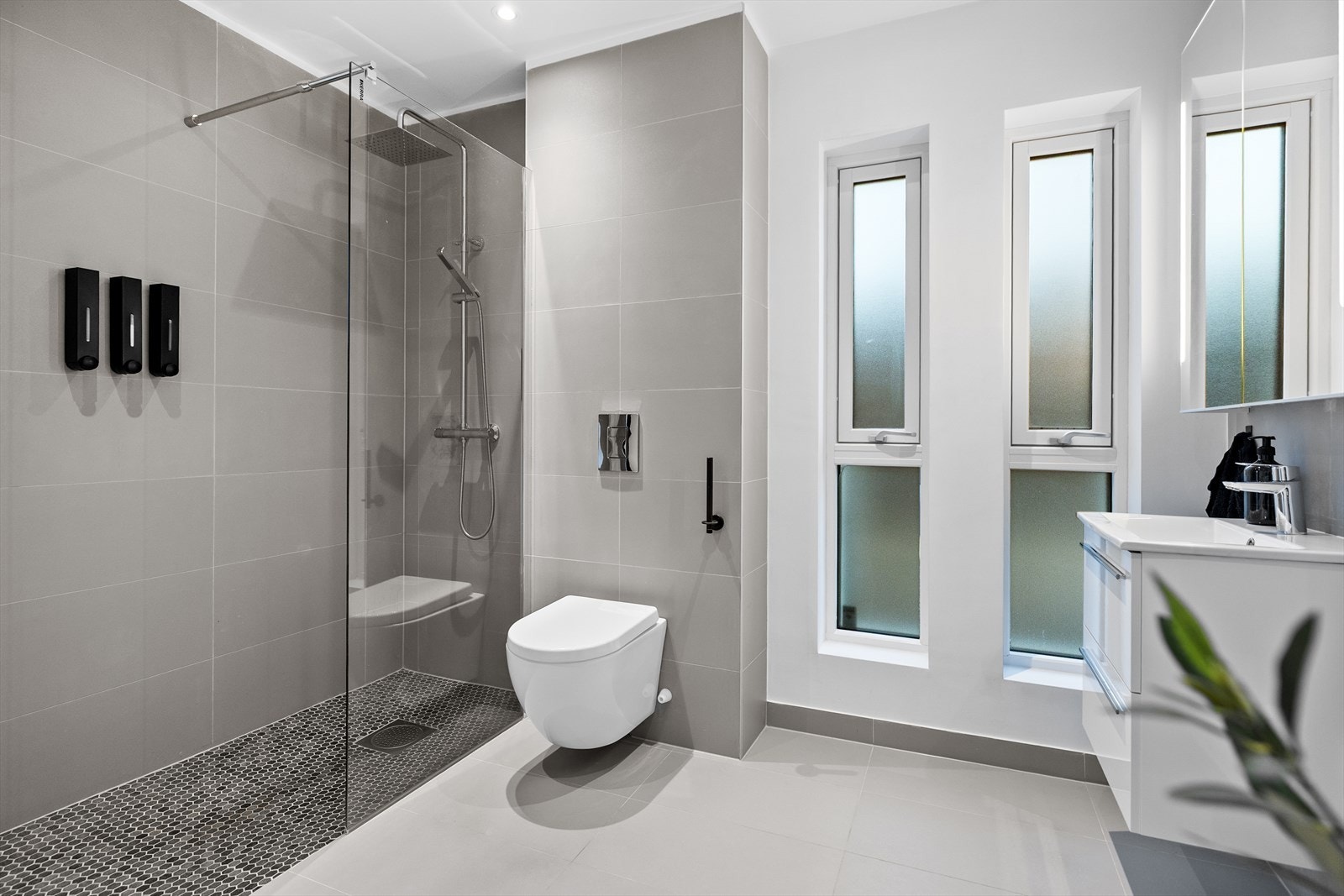 Dusjnisje med glassvegg og veggmontert toalett gir praktisk og stilren løsning. Galleribilde