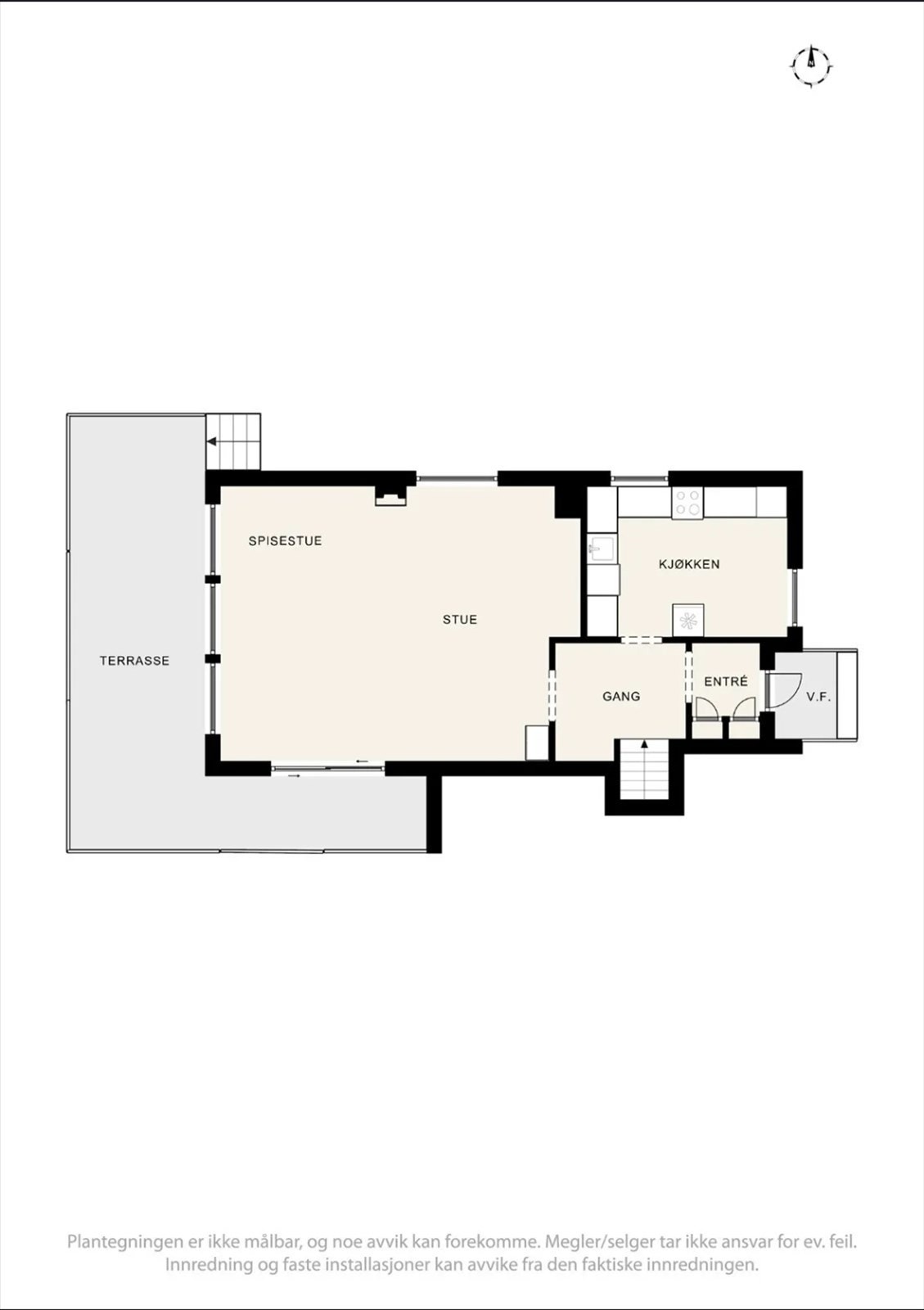 Plantegning for hovedetasjen, som inneholder entré, gang, kjøkken og stue. Galleribilde