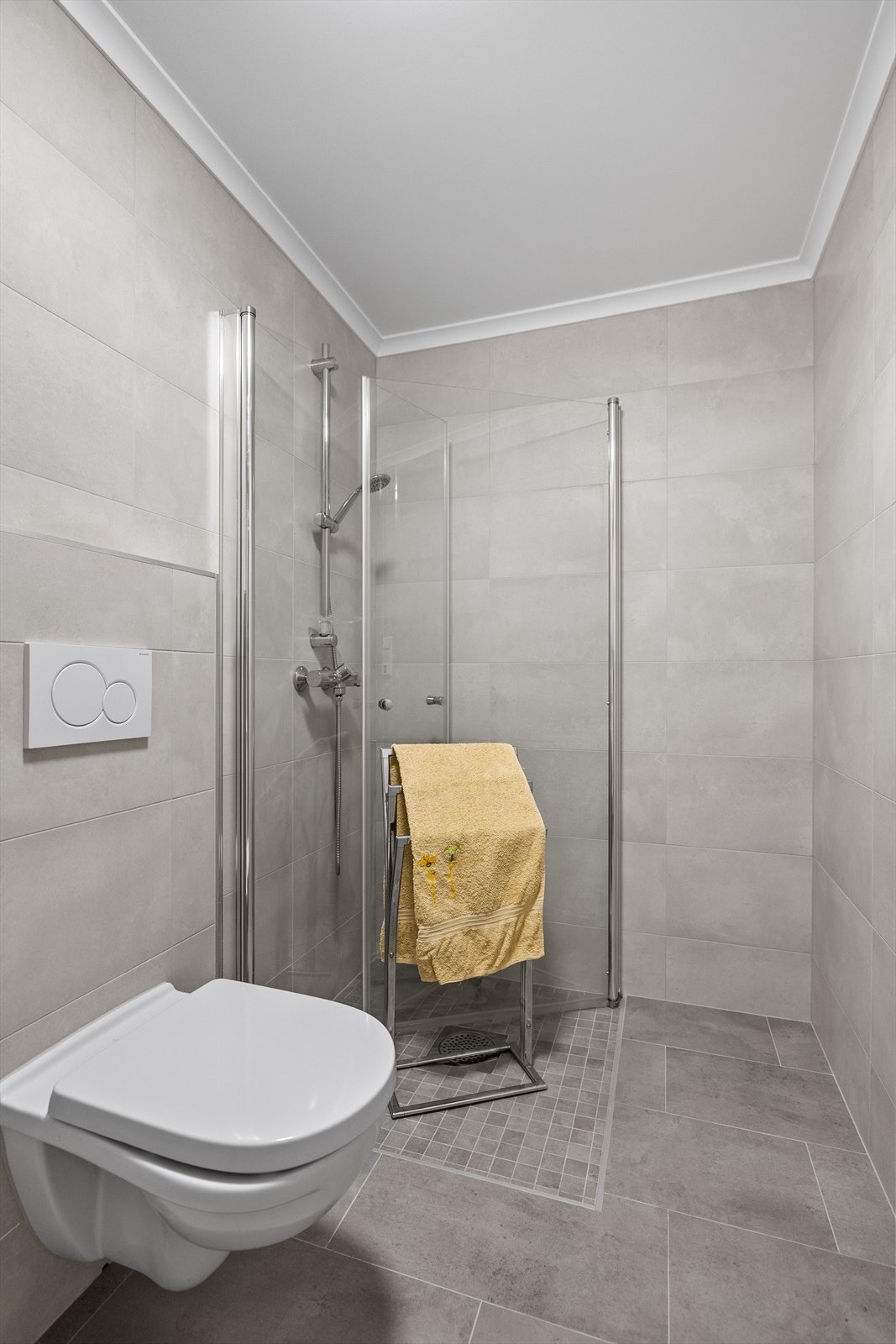 Dusjnisje med nedsenket gulv og veggehengt toalett Galleribilde