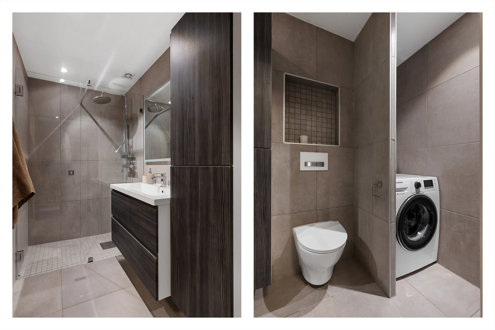 Av baderomsinnredning er det vegghengt klosett, dusjnisje med glassdør, vegghengt skap og plass og opplegg til vaskemaskin i nisje innredning. Galleribilde