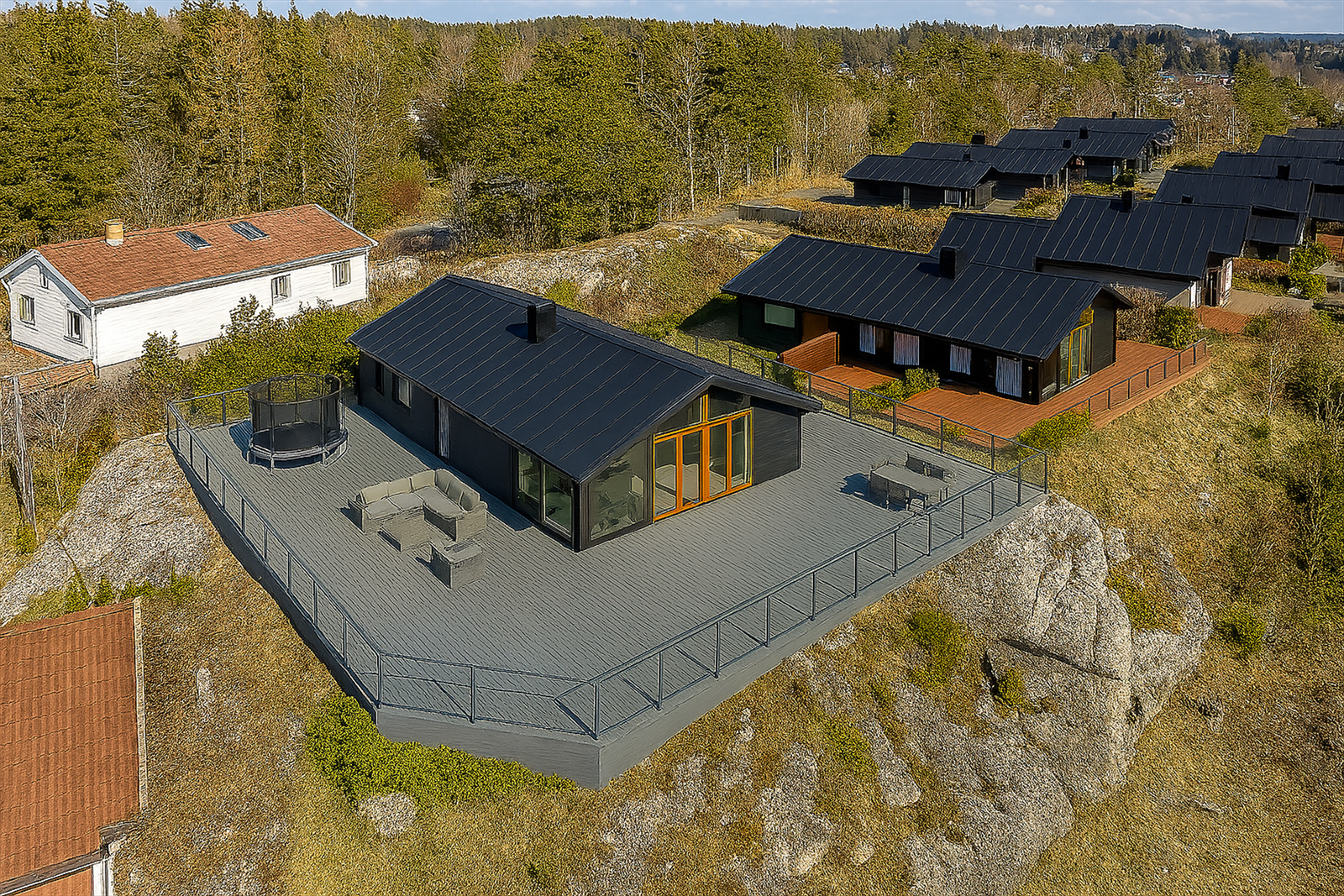 Tomten gir gode muligheter for å utvide terrassen mot sør. Bildet er KI-generert og kun ment som en illustrasjon av mulige løsninger Galleribilde