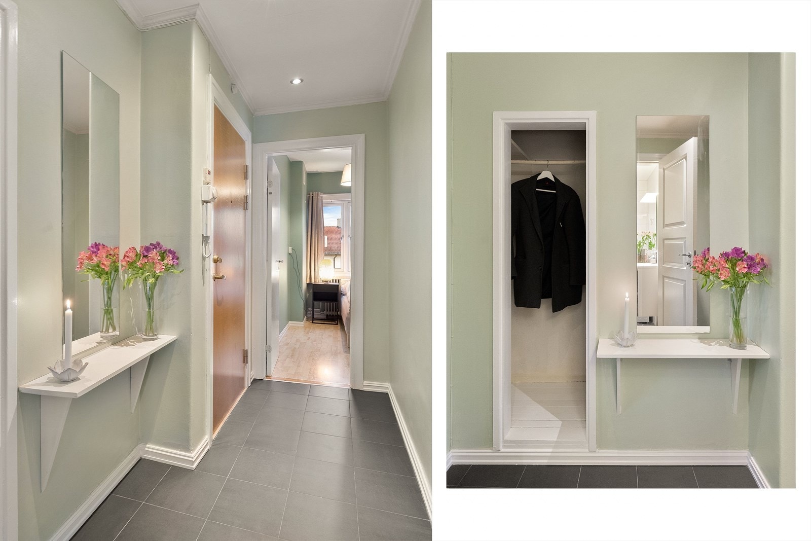 Entréen har flislagt gulv og en praktisk garderobenisje for oppbevaring av yttertøy. Galleribilde