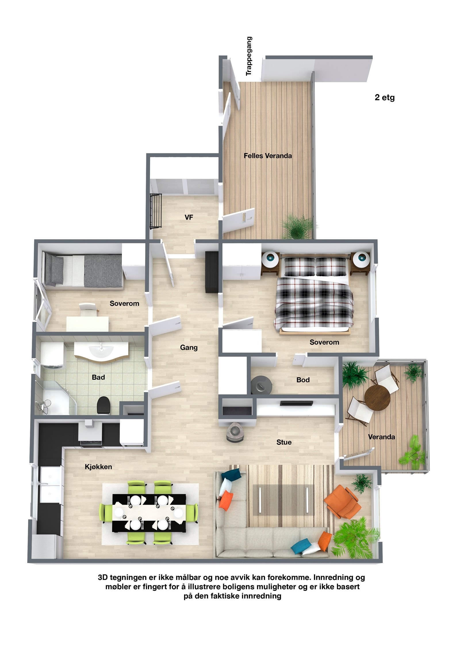 Leiligheten har 2 gode soverom, samt eget vindfang. Legg merke til garderober både i vindfang og gang, samt bod ved soverom. Det er i tillegg en egen romslig bod i sameiets kjeller. Galleribilde