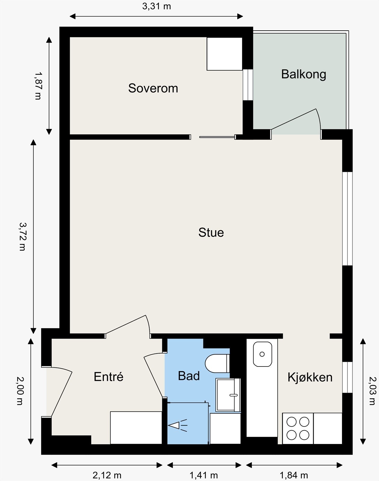 Leiligheten har en god planløsning med entré, stue, kjøkken, bad og soverom Galleribilde