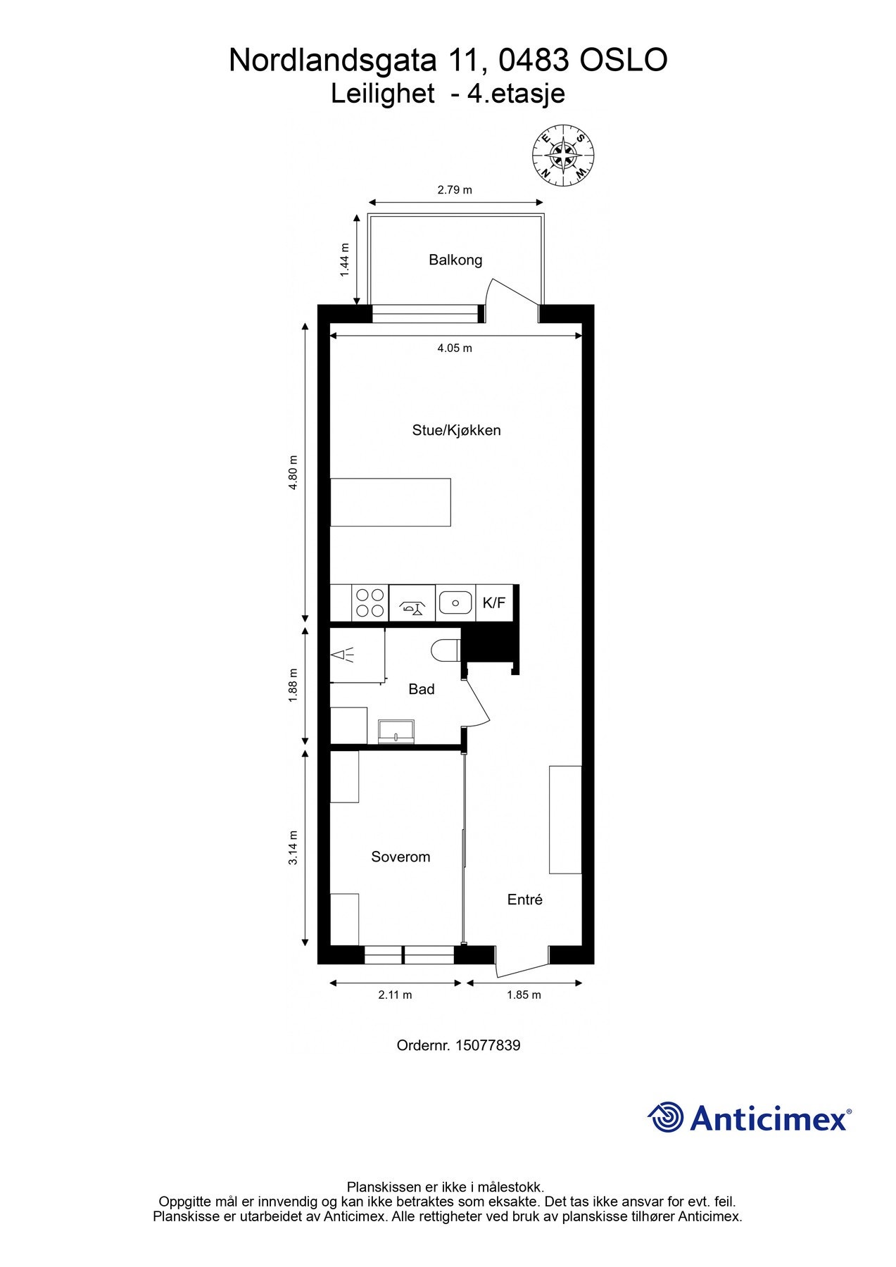 Vi starter med planskissen slik at du får orientert deg litt. I tillegg til de innvendig arealene disponerer leiligheten en kjellerbod på ca. 4 kvm. Galleribilde