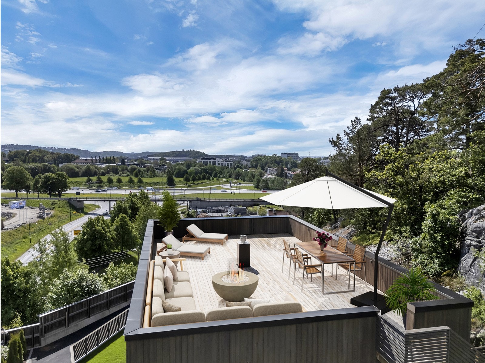 Stor takterrasse som etter tegningene er på hele 106 kvm - usjenert og med flott utsikt (Digitalstylet med utemøbler) Galleribilde