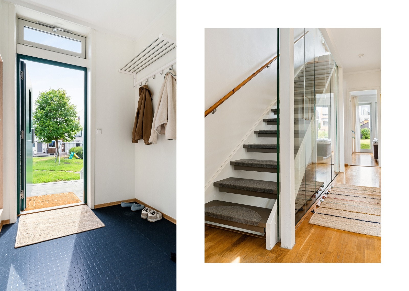 Forbi inngangsdøren venter en entré på 3 kvm med god plass til oppbevaring av klær og sko. Trappen er utført med stilfull glassvegg som gir et moderne uttrykk som er gjennomgående i alle etasjer. Galleribilde