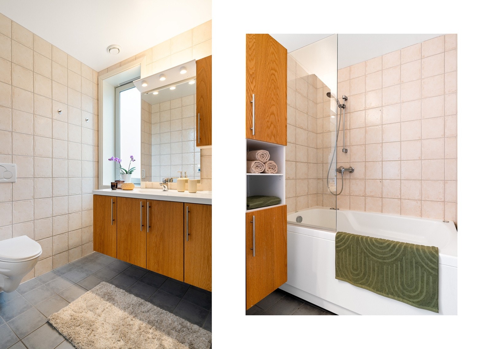 Badet er utstyrt med badekar, vegghengt toalett og et romslig baderomsmøbel med mye lagringsplass. Galleribilde