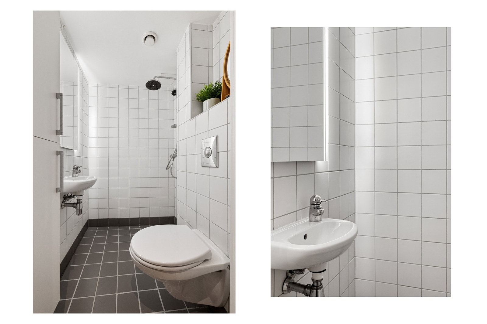 Badet er flislagt på vegger og gulv, og har varmekabler i gulvet. Innredningen består av servant med ettgreps blandebatteri, veggspeil, downlights i himling og vegghengt toalett med skjult sisterne. Galleribilde