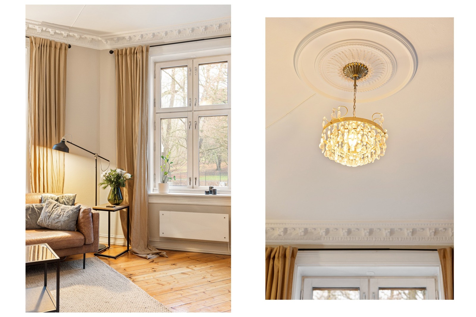 Stukkatur, rosett og brede lister gir rommet et klassisk og tidløst preg. Galleribilde