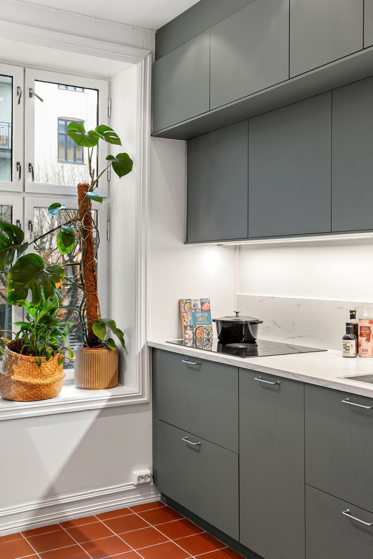 Kjøkkenet er utstyrt med integrert stekeovn, Bora induksjonstopp med innebygget ventilator (kullfilter) og integrert oppvaskmaskin. Galleribilde