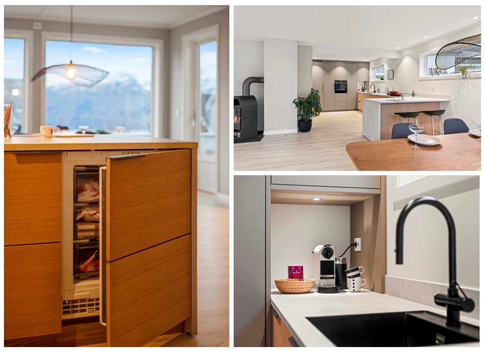 Fryseskap i kjøkkenbenk, svart stilfull kjøkkenvask og 80 cm induksjonstopp gjev kjøkkenet "det lille ekstra" Galleribilde