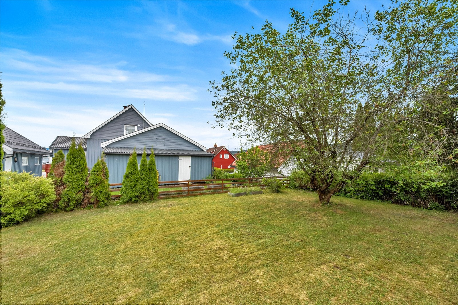 Tilnærmet flat tomt med plenaraeler og diverse beplantning Galleribilde