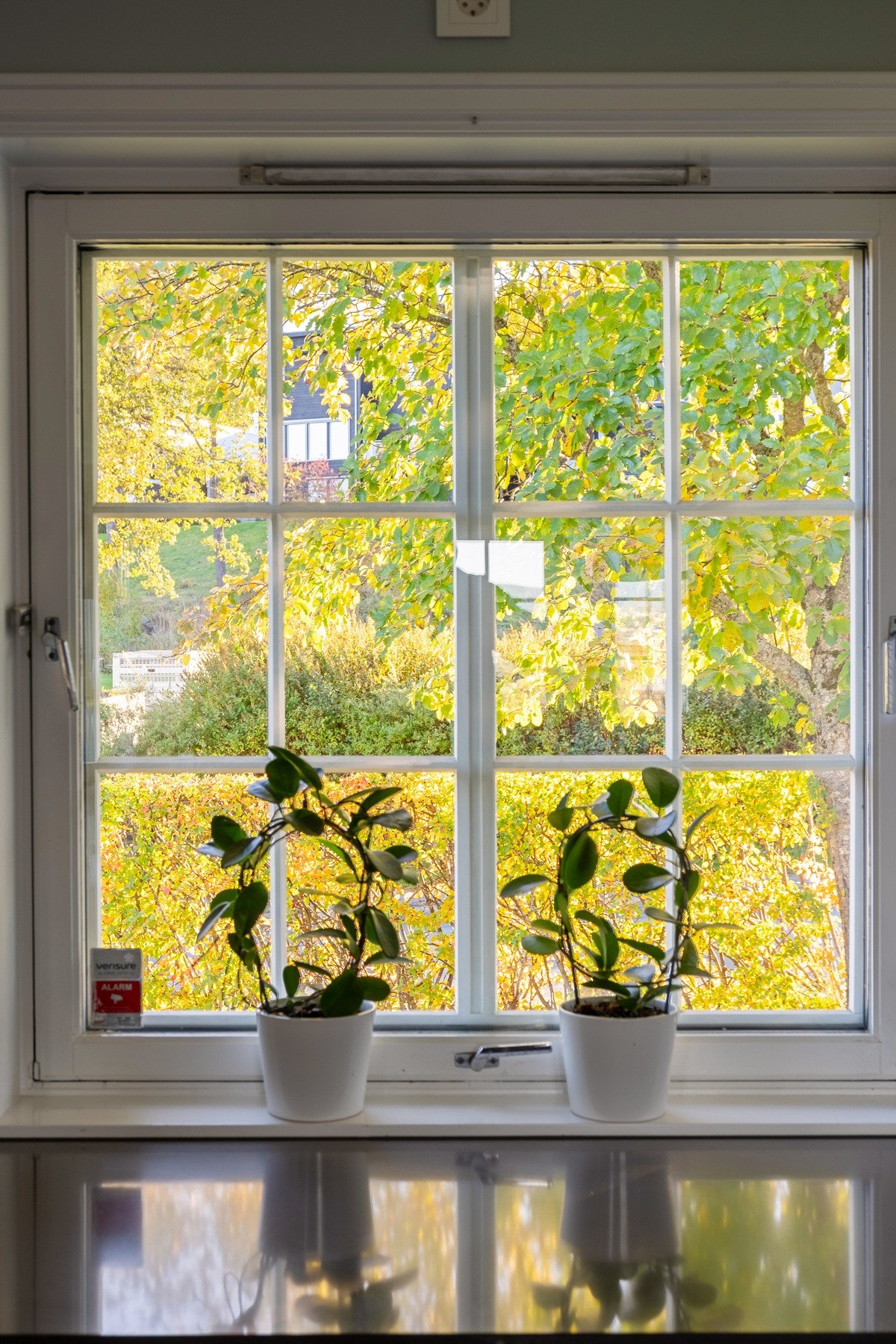 Fra kjøkkenet har man oversikt over hagen på baksiden av huset. Galleribilde