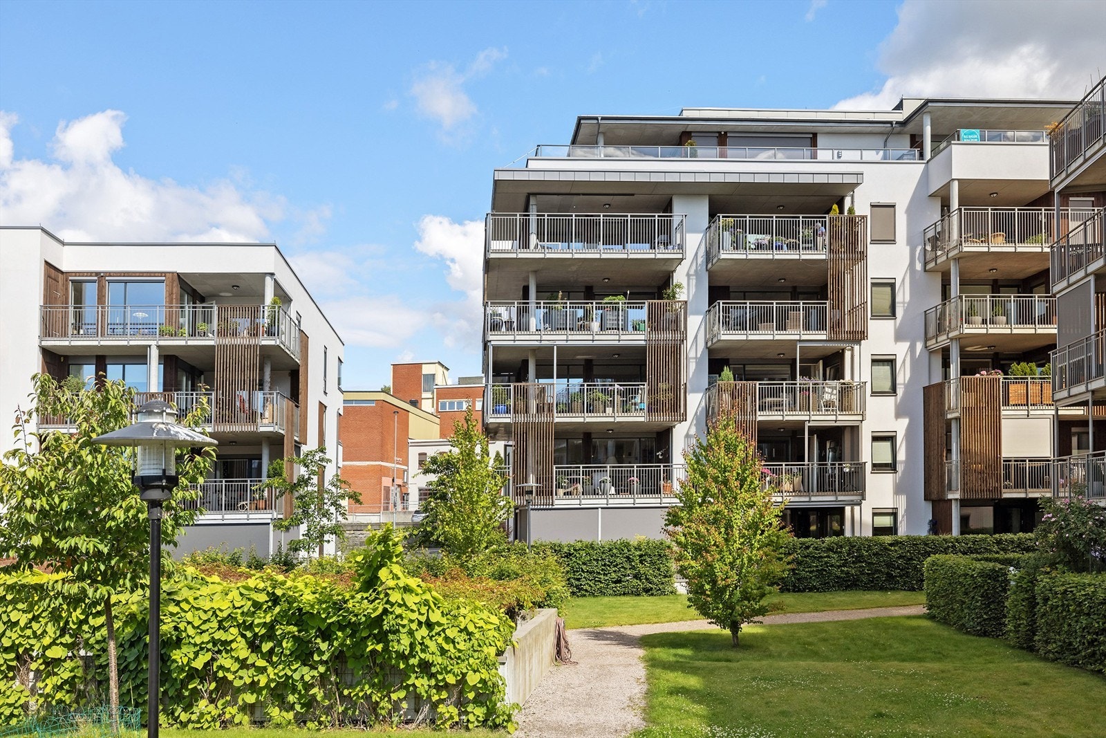 Fellesarealer med asfalterte veier og parkeringsplasser, samt plen og diverse beplantning Galleribilde