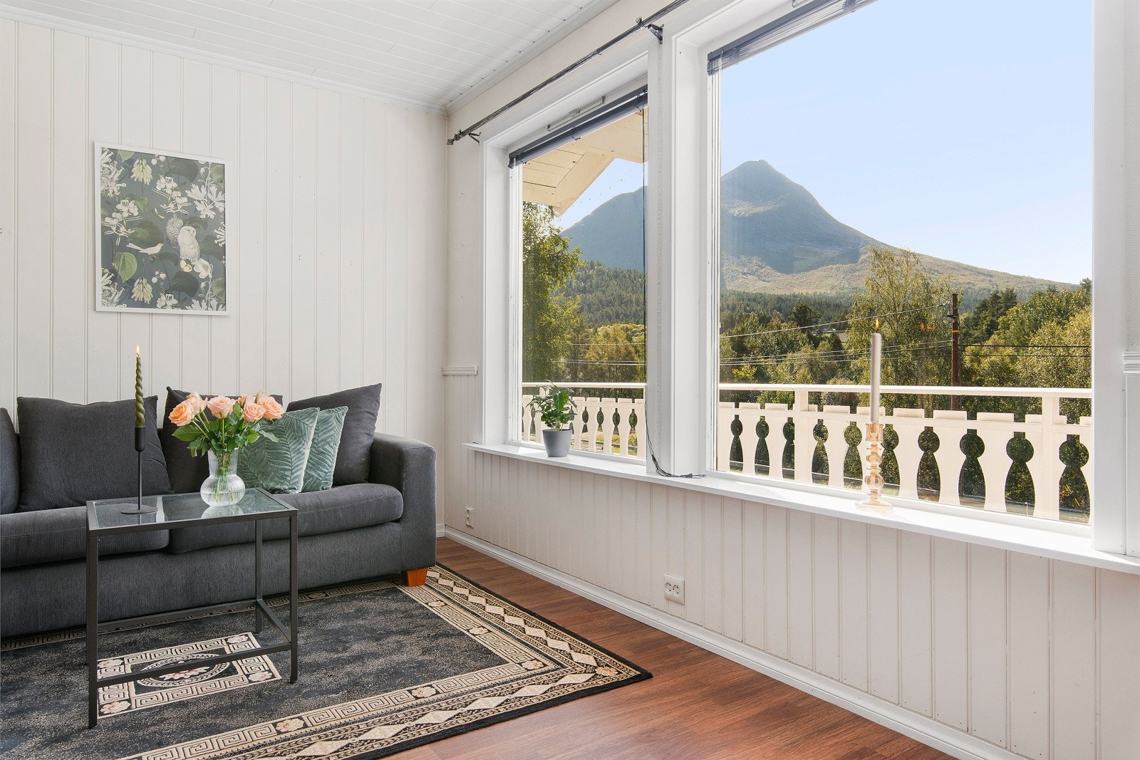 Fra stuen er det utgang til veranda. Herfra har en nydelig utsikt mot blant annet Storhornet. Galleribilde