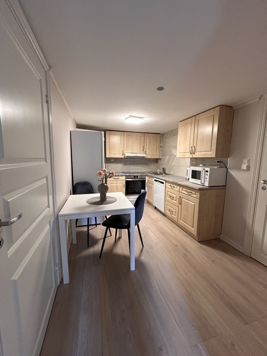 Fin, stor og praktisk kjøkken med hvitevarer Galleribilde