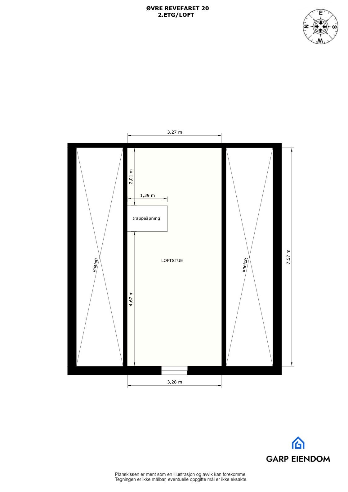 Det er ikke målbart areal på loftet pga lav takhøyde. Gulvarealet er målt til 24 kvm. Galleribilde