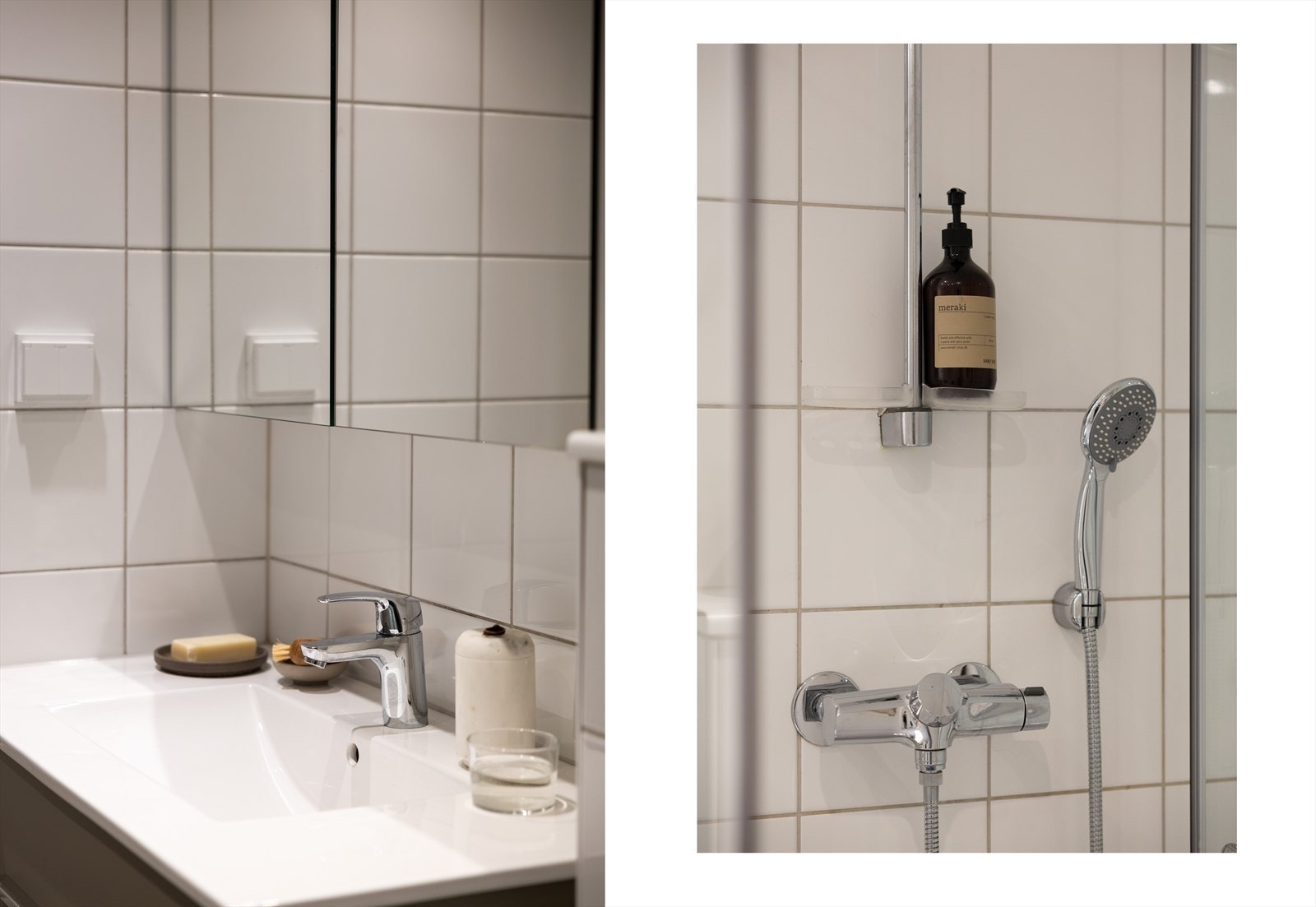 Badet er utstyrt med innredning med nedfelt servant, veggmontert toalett, hjørnedusj med glassvegger og opplegg for vaskemaskin. Galleribilde