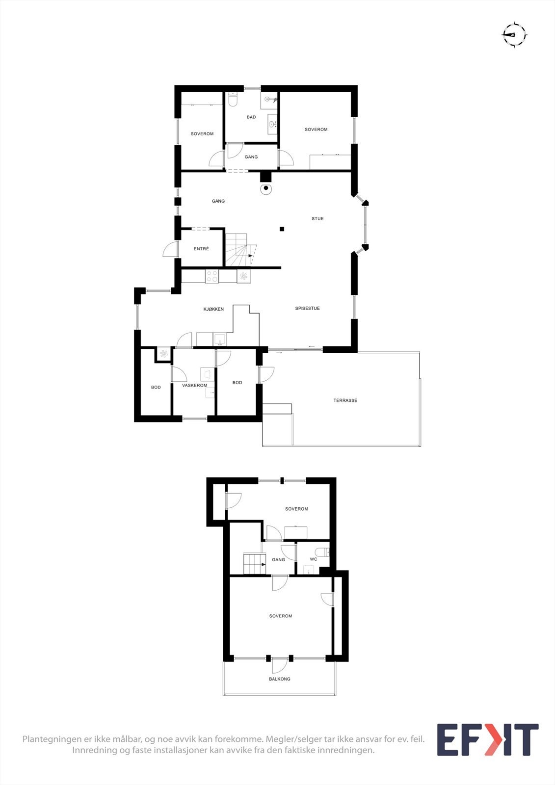 Plantegning som viser romfordelingen over to plan. Galleribilde