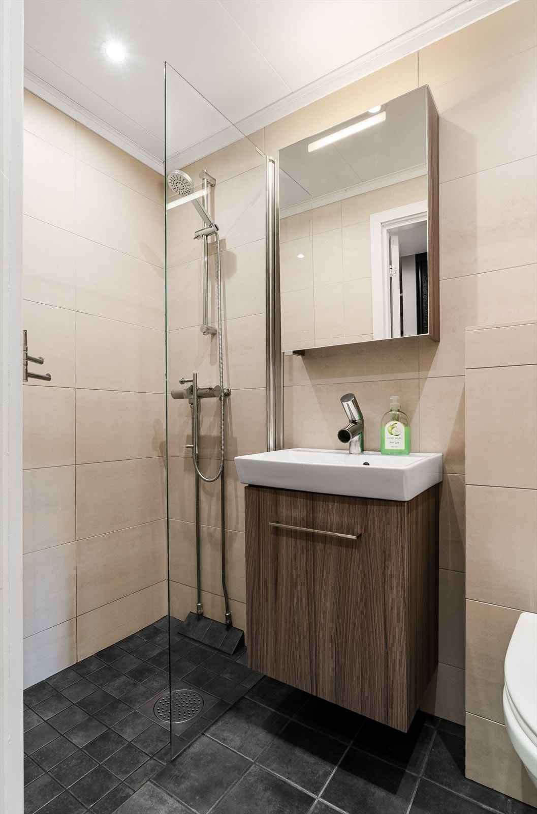 Badet har åpen dusjplass med glassvegg. Galleribilde