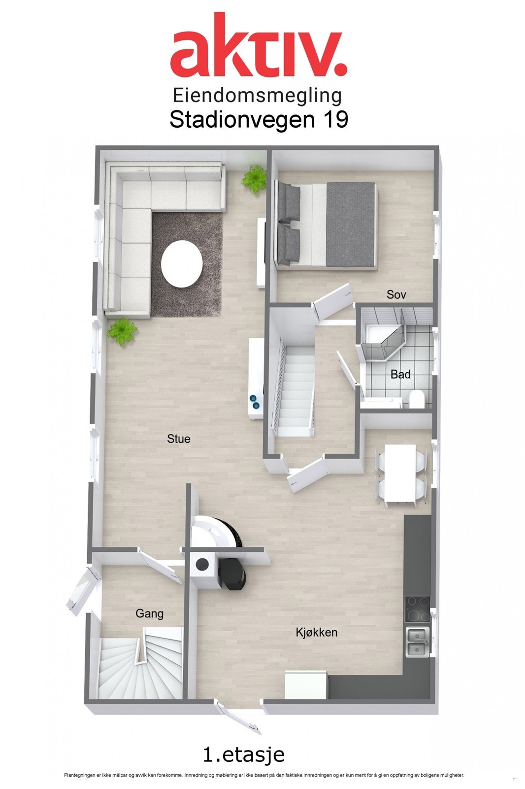 Omvisningen starter i hovedetasjen, hvor man har entre, stue/kjøkken i åpen løsning, bad og soverom. Galleribilde