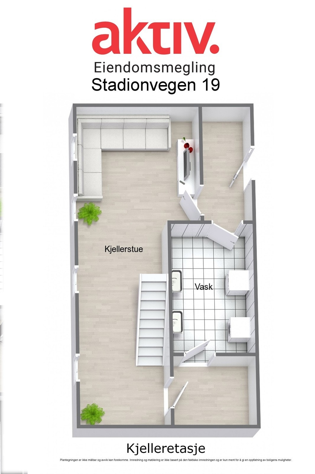Kjelleren inneholder vaskerom, oppholdsrom, bod og entre med dør ut til gårdsplass. Galleribilde