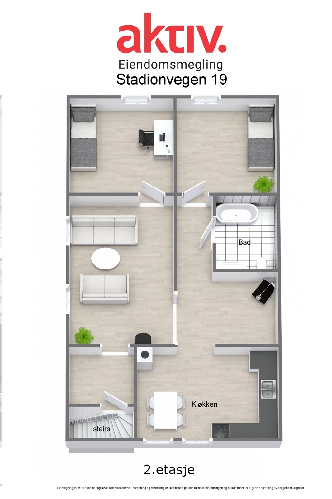 Videre kommer vi opp til 2. etasje som har utleiedel med stue, kjøkken, entre/gang, bad og to soverom. Galleribilde