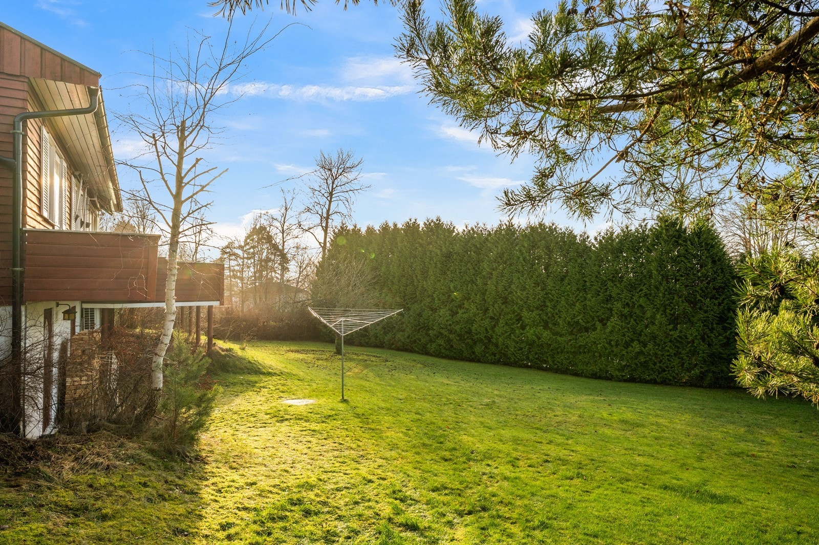 Hagen er pent opparbeidet med en stor gressplen og hekk som skjermer for innsyn. Galleribilde