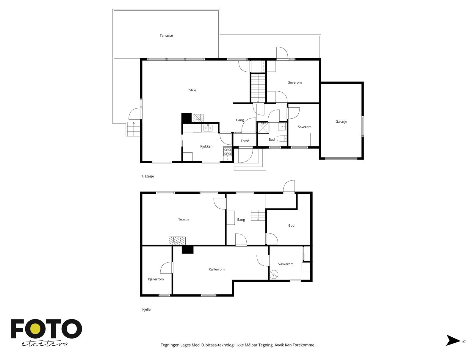 Tegningen gir en samlet oversikt over boligens to plan, inkludert garasje. Veiledende planskisse - ikke målbar Galleribilde