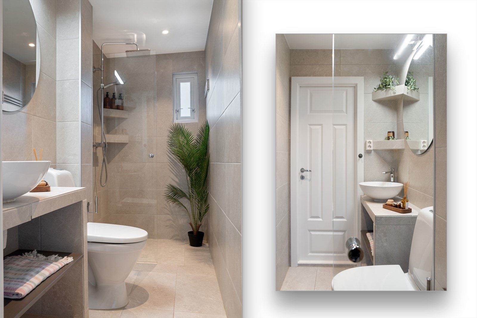 Badet fra 2018 er delikat med flislagte overflater og downlights. Innredningen har plassbygd servant med åpne hyller, tilhørende bolleservant og stort speil. Galleribilde