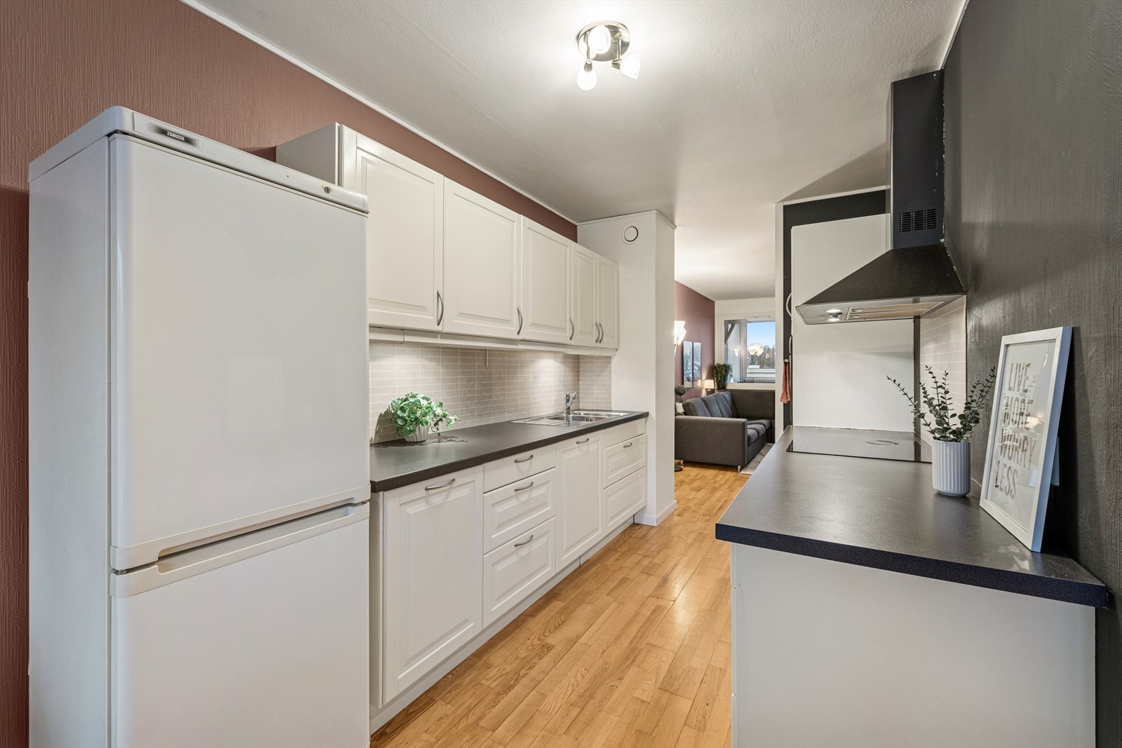 Hvitevarer som følger salget er stekeovn, induksjonstopp og oppvaskmaskin, samt frittstående kjøl/frys. Galleribilde