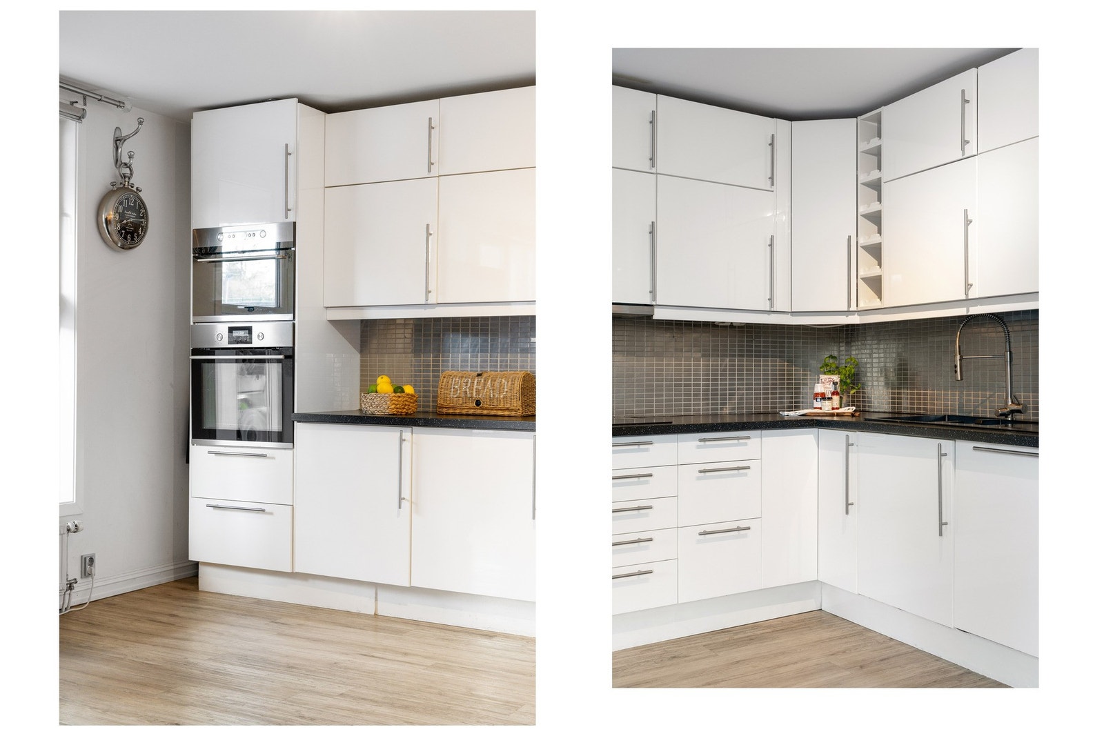 Kjøkkeninnredningen har slette fronter og flislagt vegg mellom benkeplate og overskap. Det er belysning under overskap og stikkontakter over benk Galleribilde