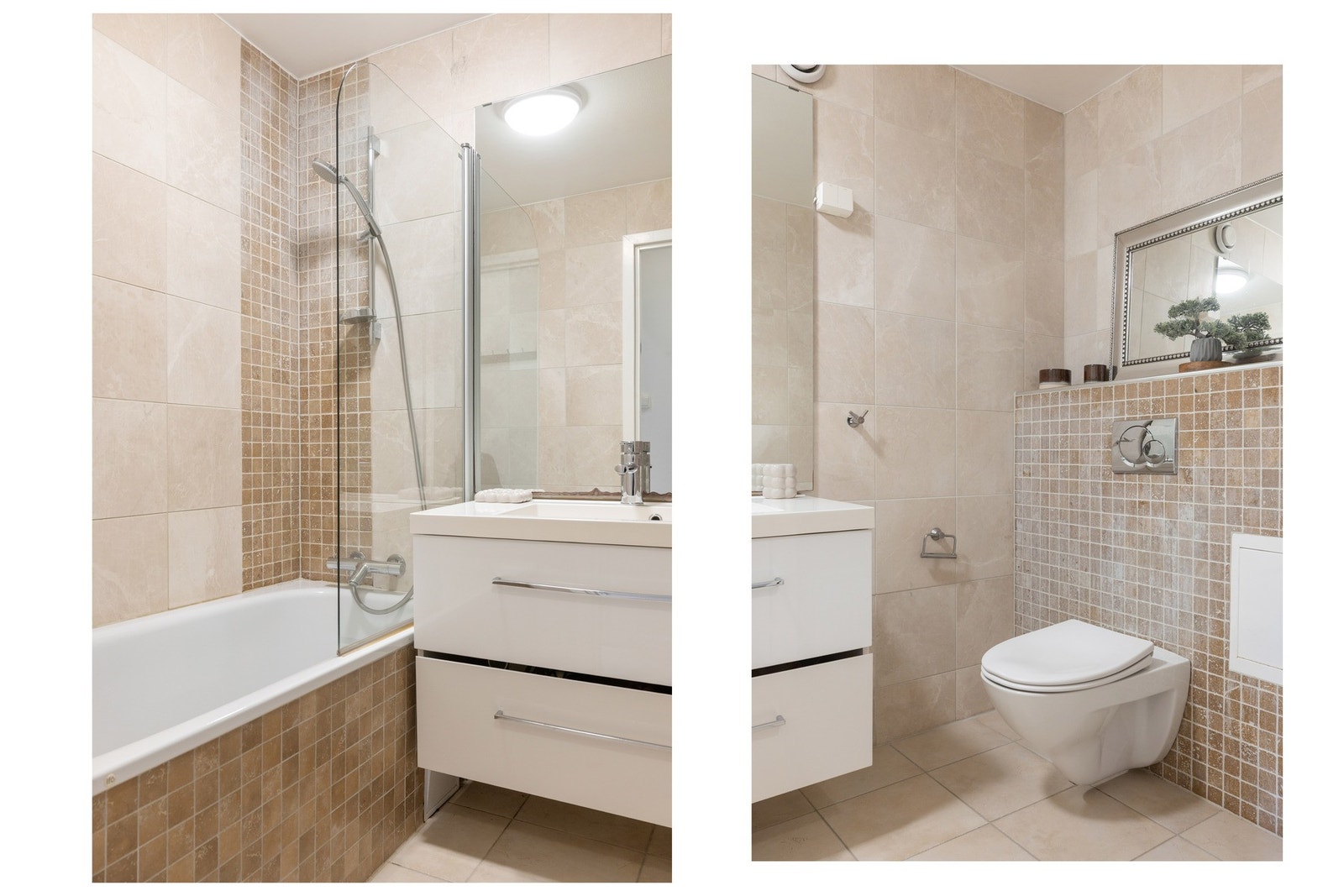 Badet i underetasjen har flislagt gulv og flislagte vegger. Rommet er innredet med servantinnredning, toalett og dusjløsning Galleribilde