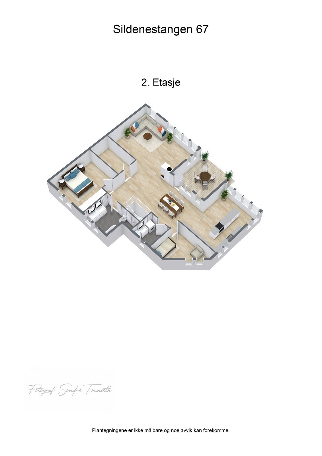 Planløsning 2.etg.: stor sosial sone med kjøkken med tilkomst til balkong, spisestue og stue, 2 soverom, bad, samt vaskerom. Galleribilde