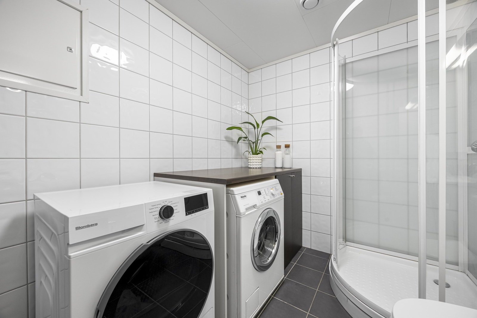 Baderom med dusj, opplegg til vaskemaskin med benk over, servant med speil og toalett. Galleribilde