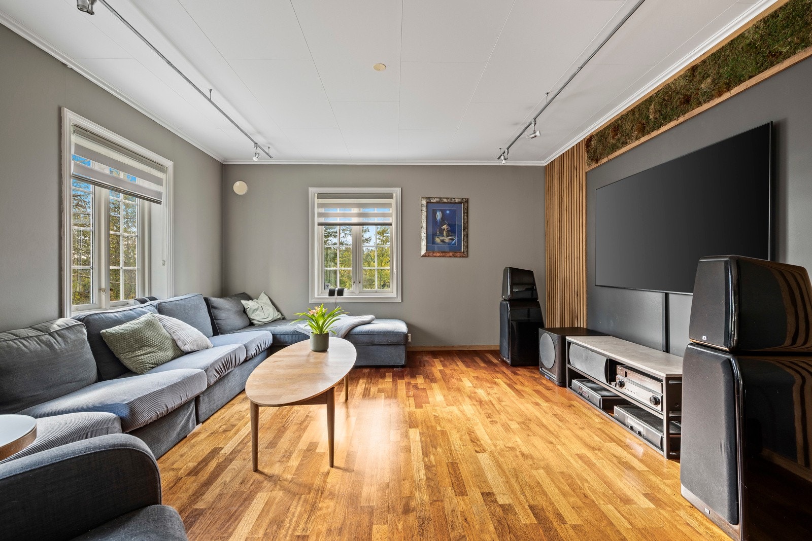 Stuen har gode møbleringsmuligheter og får godt med naturlig lys Galleribilde