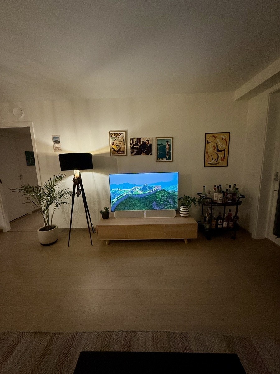 Lekker stue med stor TV og behagelig sofa Galleribilde