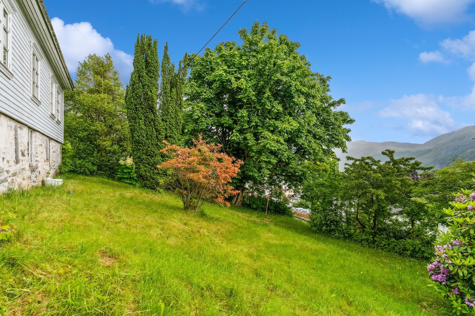Hage med plen og prydbusker, adkomst til både gate 3 og ned til hovedvei fra boligen Galleribilde