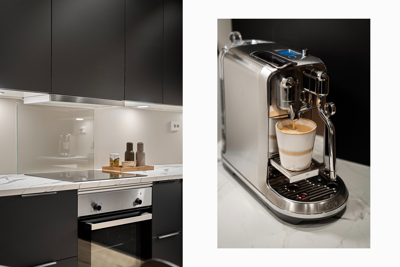 Integrerte hvitevarer som stekeovn, platetopp, oppvaskmaskin, samt kombiskap med kjøl og frys. Galleribilde