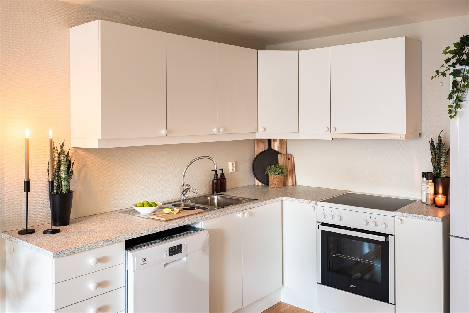 Kjøkkenet har integrert stekeovn og platetopp. Det er opplegg for oppvaskmaskin. Oppvaskmaskin og kjøle/fryseskap kan medfølge handelen ved avtale. Galleribilde