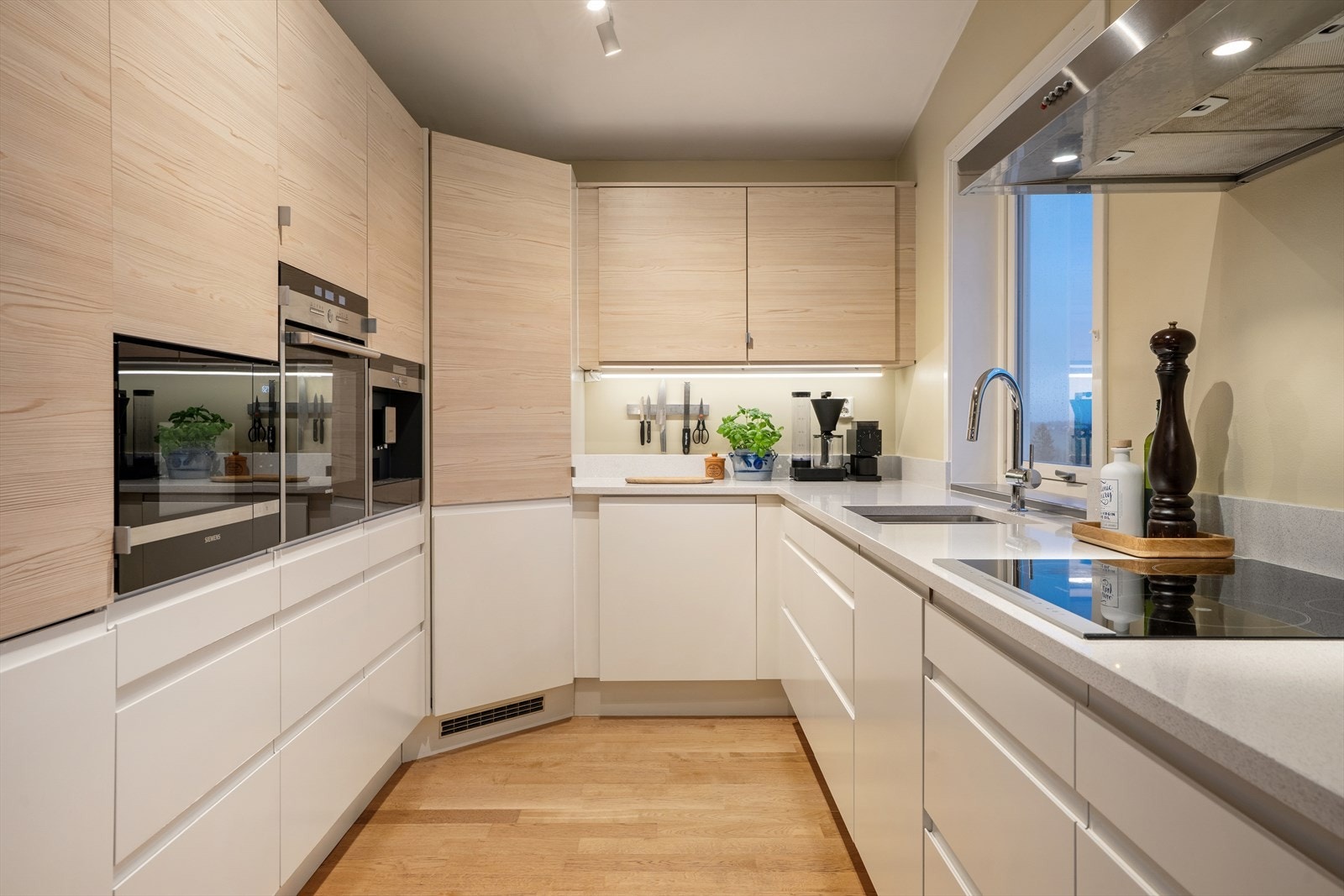 Godt utstyrt kjøkken integrerte hvitevarer som kjølehjørne, komfyr, micro og kaffemaskin. I tillegg er det oppvaskmaskin og platetopp. Galleribilde