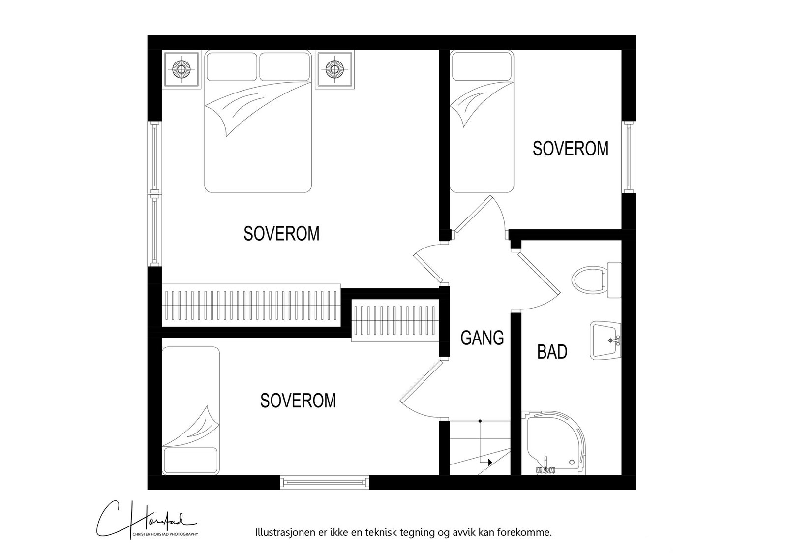 Øvre plan med soverom og bad. Galleribilde