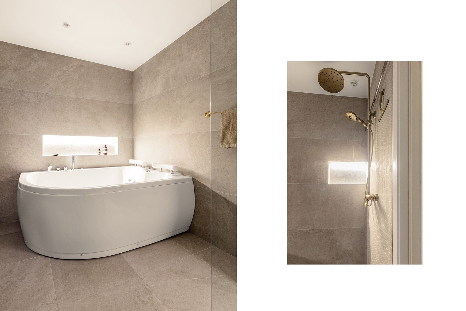 I tillegg er det et dusjhjørne med regnfallsdusj og delikate, integrerte nisjer. Galleribilde