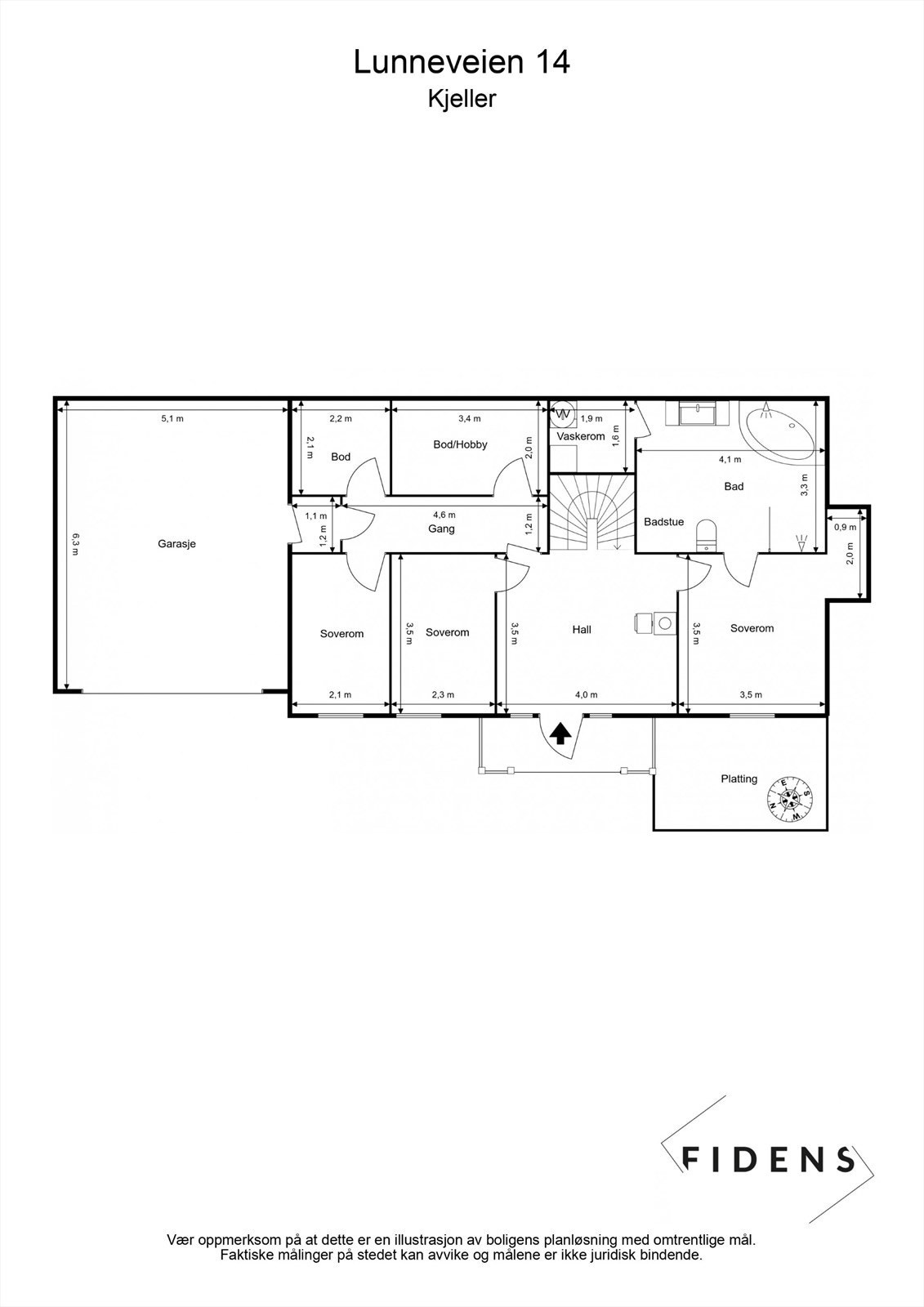 Sokkel/kjeller rommer hall, tre soverom, bad, vaskerom, boder og integrert garasje. Galleribilde